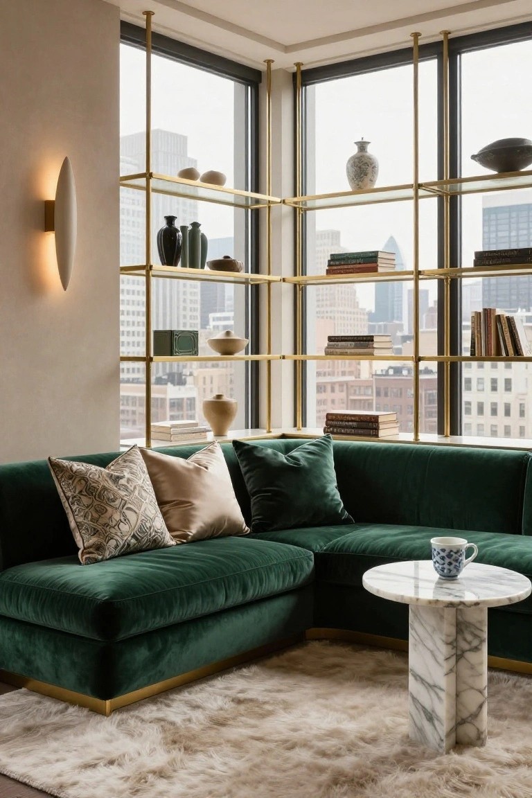 Modern interior corner with L-shaped green velvet sofa covered in patterned, cream, and green pillows, brass shelving filled with ceramics, books, and vases beside large windows showing city buildings, plus a marble side table holding a white teacup.