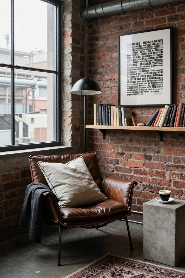 Brick-walled interior with large window, brown leather armchair holding large white pillow and gray throw blanket, concrete side table with coffee cup and saucer, oak bookshelf with books, black floor lamp, and framed wall art.
