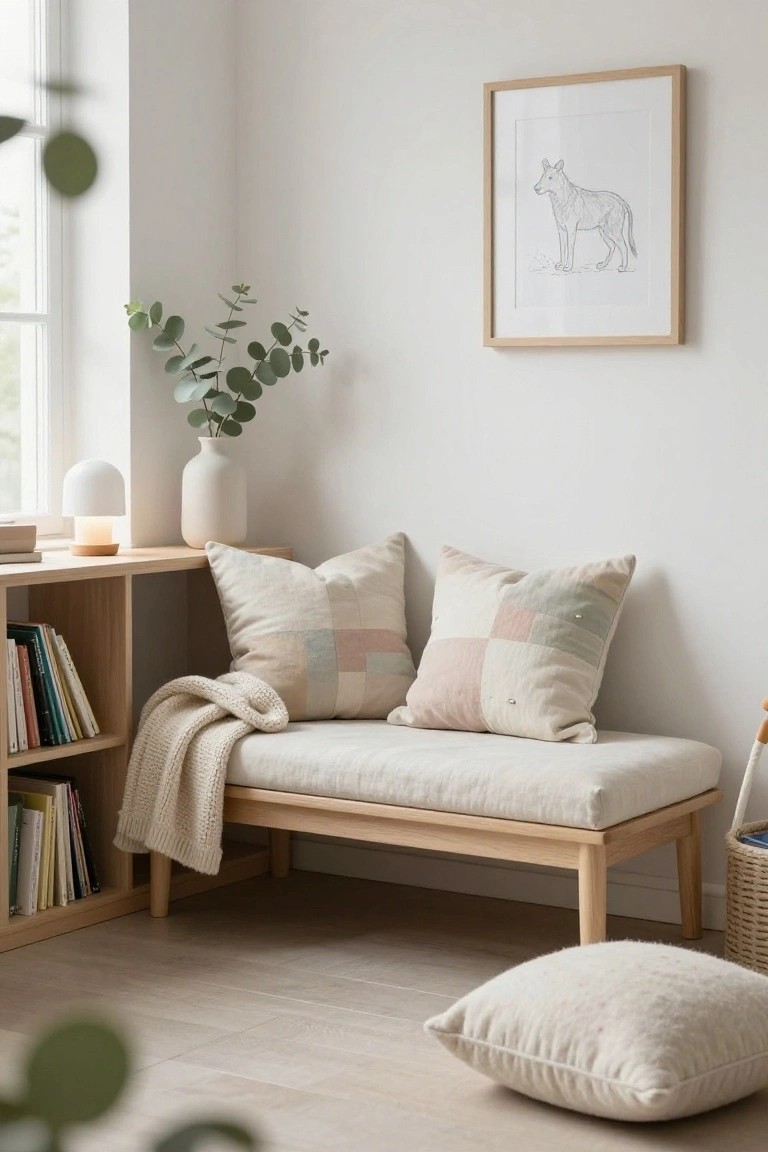 Cozy indoor corner with a light wooden bench piled with white and pastel quilted pillows, a knit throw, bookshelves, potted eucalyptus, table lamp, and framed line drawing of a wolf on the wall.