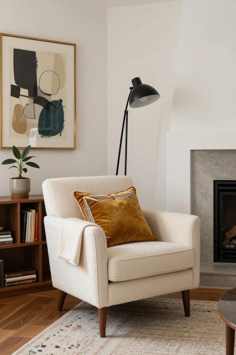 Cream boucle armchair with burnt orange velvet pillow and cream throw blanket in a corner room with bookshelf, potted plant, black floor lamp, and stone fireplace.