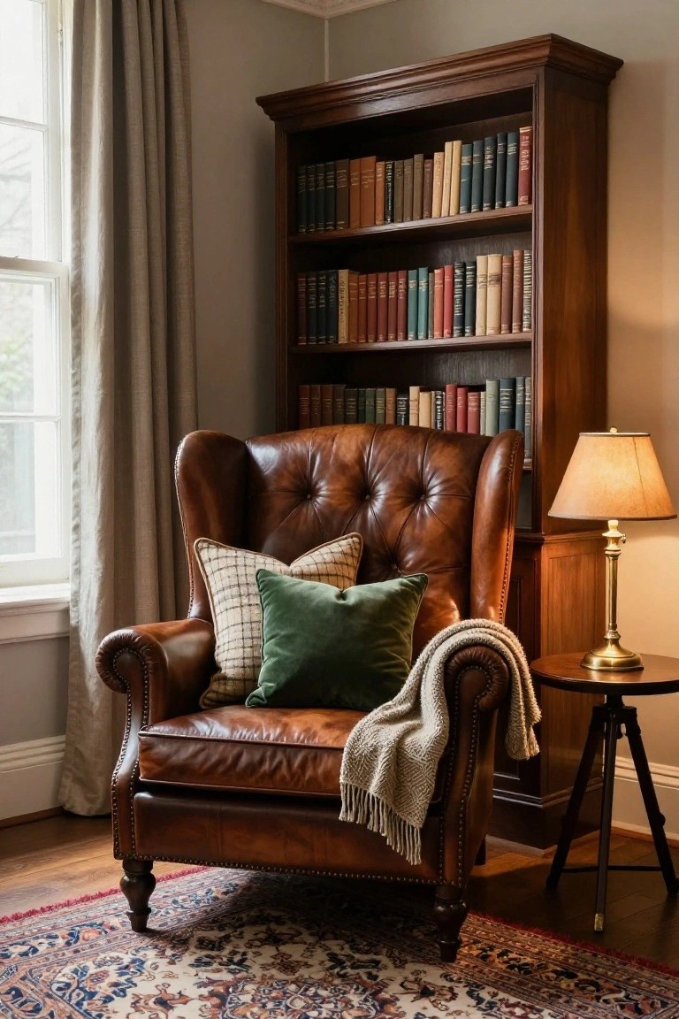 A tufted brown leather wingback armchair with a checkered pillow, green velvet pillow, and gray wool throw draped over it, positioned beside a wooden bookshelf, brass lamp on a side table, in a room with beige walls, linen curtains, and a patterned rug.