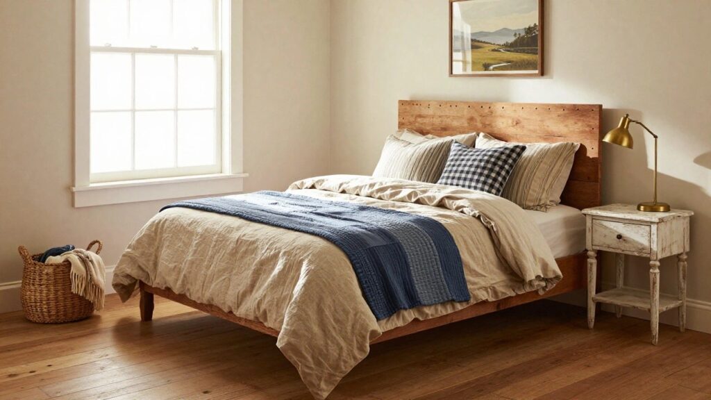 25 Unique Rustic Bedding Ideas For A Beautiful Layered Bed A bedroom with a wooden paneled headboard bed covered in beige linen sheets, assorted striped and textured pillows, a navy blue quilted throw, next to a white nightstand holding a gold desk lamp and candle, a wicker basket with towels on hardwood floors, and a framed landscape painting on the wall.
