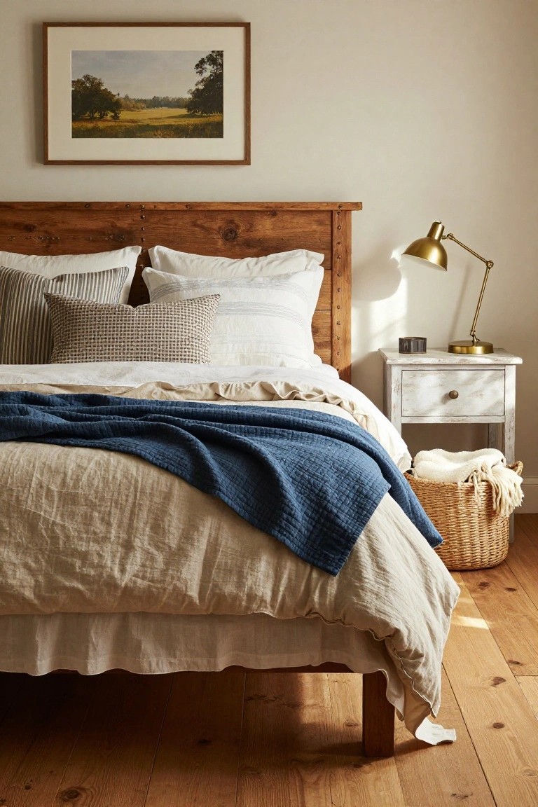 A bedroom with a wooden paneled headboard bed covered in beige linen sheets, assorted striped and textured pillows, a navy blue quilted throw, next to a white nightstand holding a gold desk lamp and candle, a wicker basket with towels on hardwood floors, and a framed landscape painting on the wall.