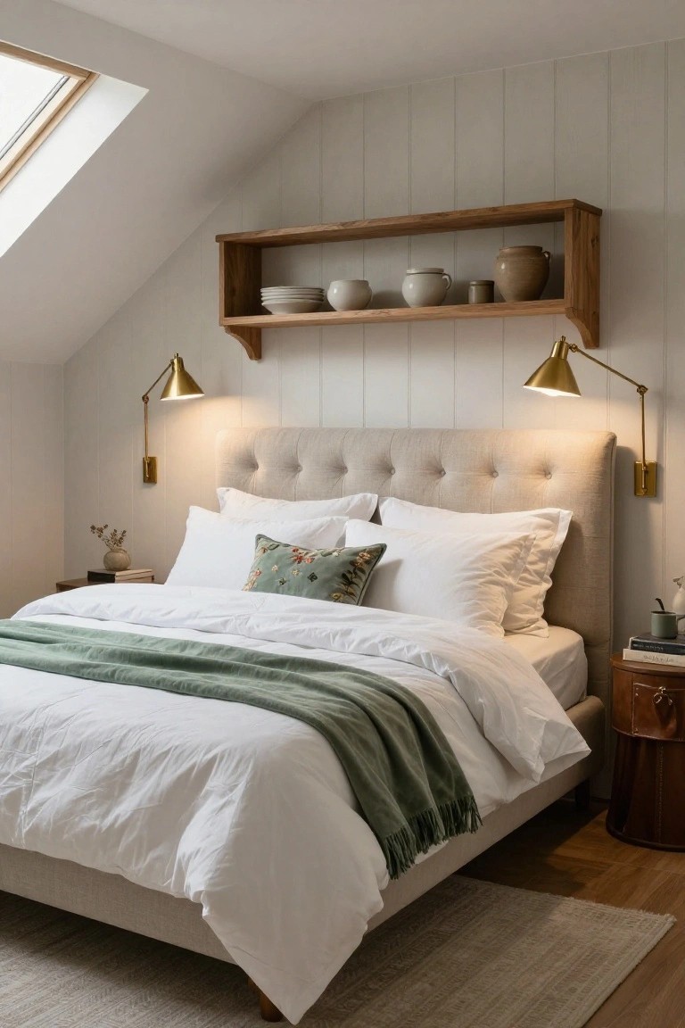 Attic bedroom featuring a beige tufted upholstered headboard, white duvet and pillows layered with a green knit throw, wooden floating shelf with pottery above the bed, gold adjustable wall sconces, and bedside tables on hardwood floors.