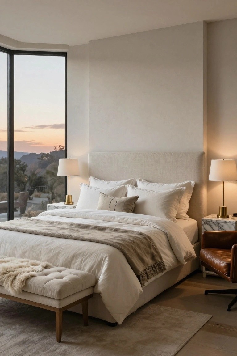 A bedroom with a king bed covered in white linens, a beige throw, multiple pillows, marble nightstands with lamps, a tufted bench with sheepskin at the foot, a leather chair, and large corner windows showing a desert sunset view.