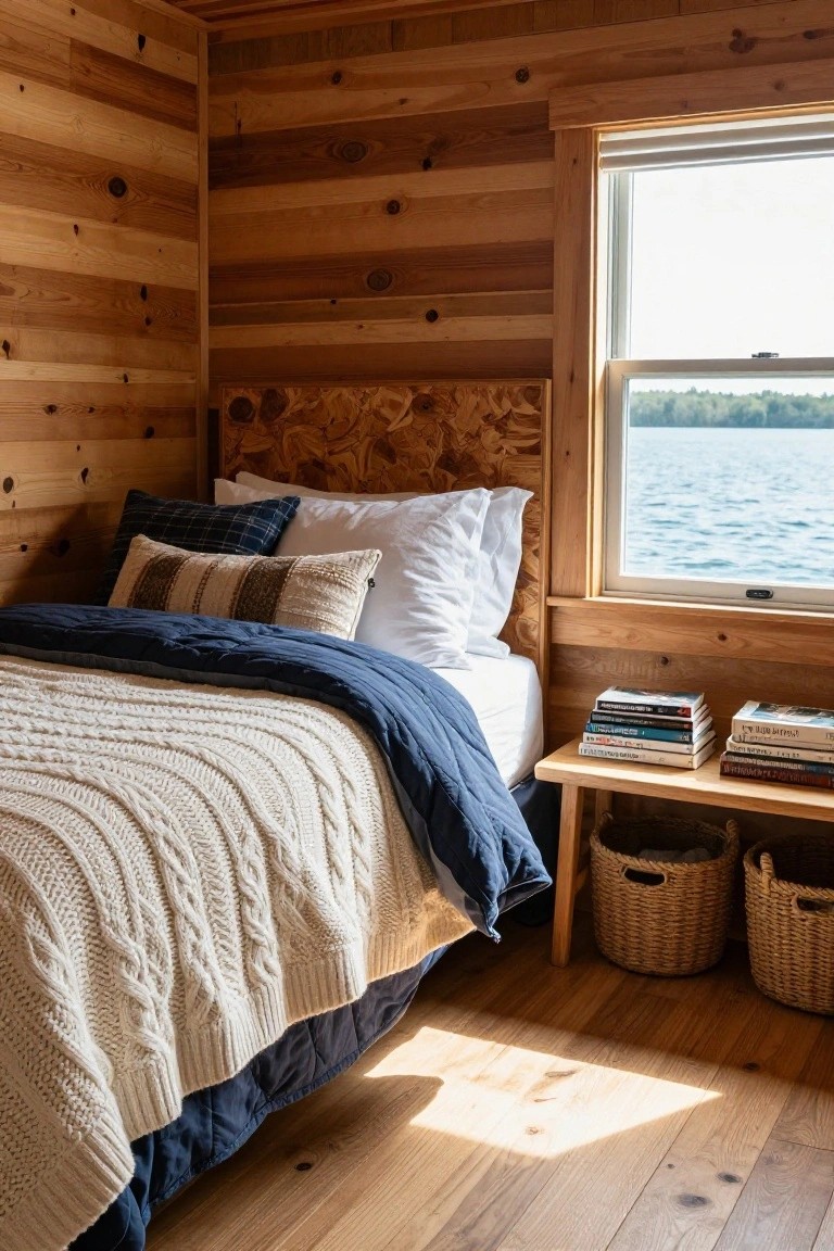 Wooden-paneled bedroom with a queen bed layered in navy quilt and white cable knit throw, assorted pillows, stack of books on bedside table, and window overlooking a lake.