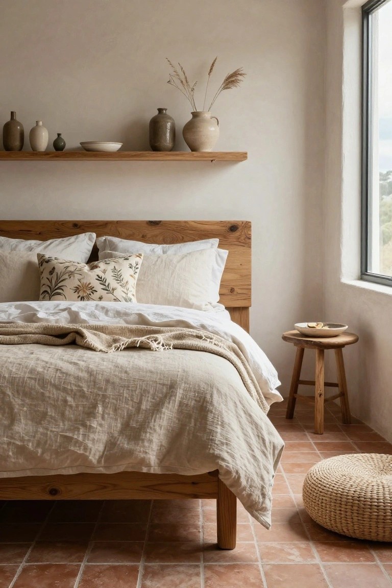 Bedroom with wooden bed frame, layered white sheets and beige linen duvet cover, embroidered pillows, fringed throw, wooden shelves holding pottery and pampas grass, wooden side stool with bowl, rattan pouf, terracotta tile floor, and large window overlooking landscape.