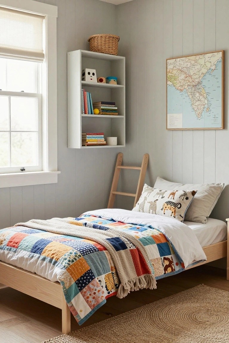 A single wooden bed in a light gray paneled child's bedroom with a multicolored patchwork quilt, cream knitted throw, animal print pillows, wooden ladder shelf, white bookshelves with toys and books, and a framed map on the wall.