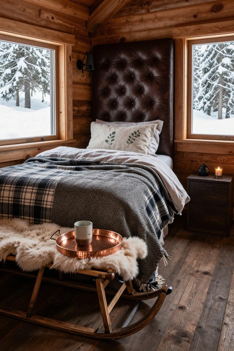 Log cabin bedroom interior with wooden walls and floors, tufted brown leather headboard, bed layered with white sheets, gray herringbone blanket, and plaid blanket, sheepskin on wooden sleigh bench at foot holding copper tray with white mug, nightstand with black vase and candle, large windows showing snowy pine forest outside.