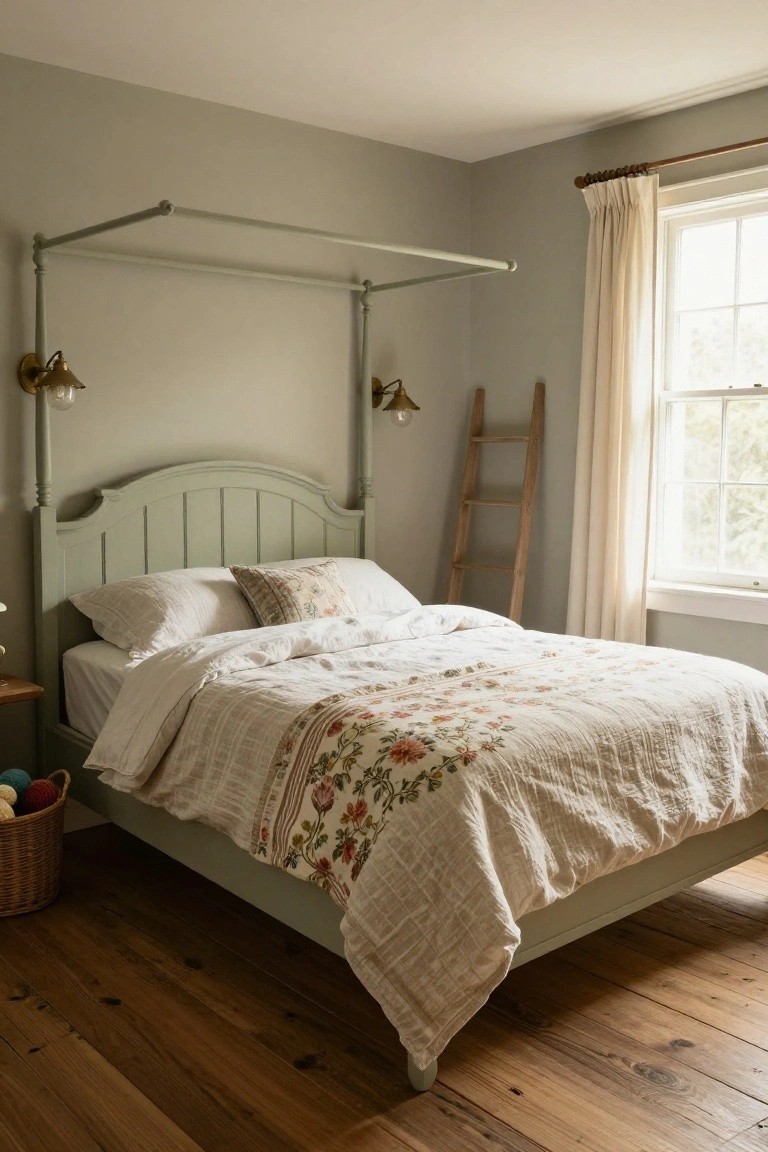 A bedroom with a pale green painted canopy bed dressed in white pillows, sheets, duvet, and a floral-patterned quilt, a wooden ladder leaning on the wall near a window with sheer curtains, brass wall sconces, and a wicker basket on the floor.