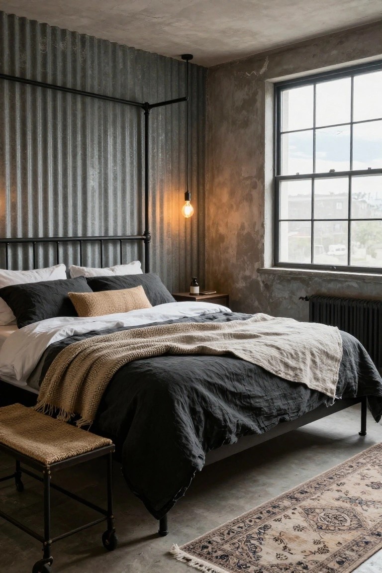 A bedroom with black metal bed frame holding dark gray linen bedding layered with white sheets, assorted pillows including a tan bolster, and a cream knit throw, set against corrugated metal walls, a nightstand, and large industrial window.