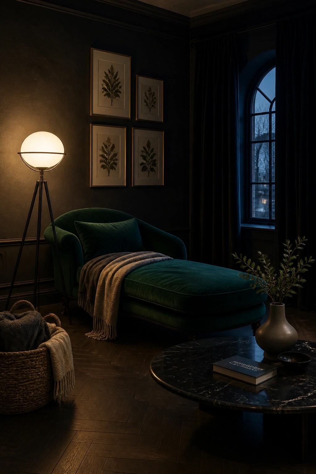 A dark green velvet chaise lounge with a throw blanket sits in a dimly lit living room corner beside a tripod floor lamp, with four framed botanical prints on the wall above and a marble coffee table in the foreground.