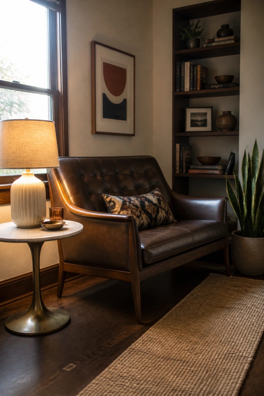 A brown leather sofa sits in a corner between a window and a tall built-in bookshelf unit filled with books and decorative objects, with a marble side table and lamp in front.