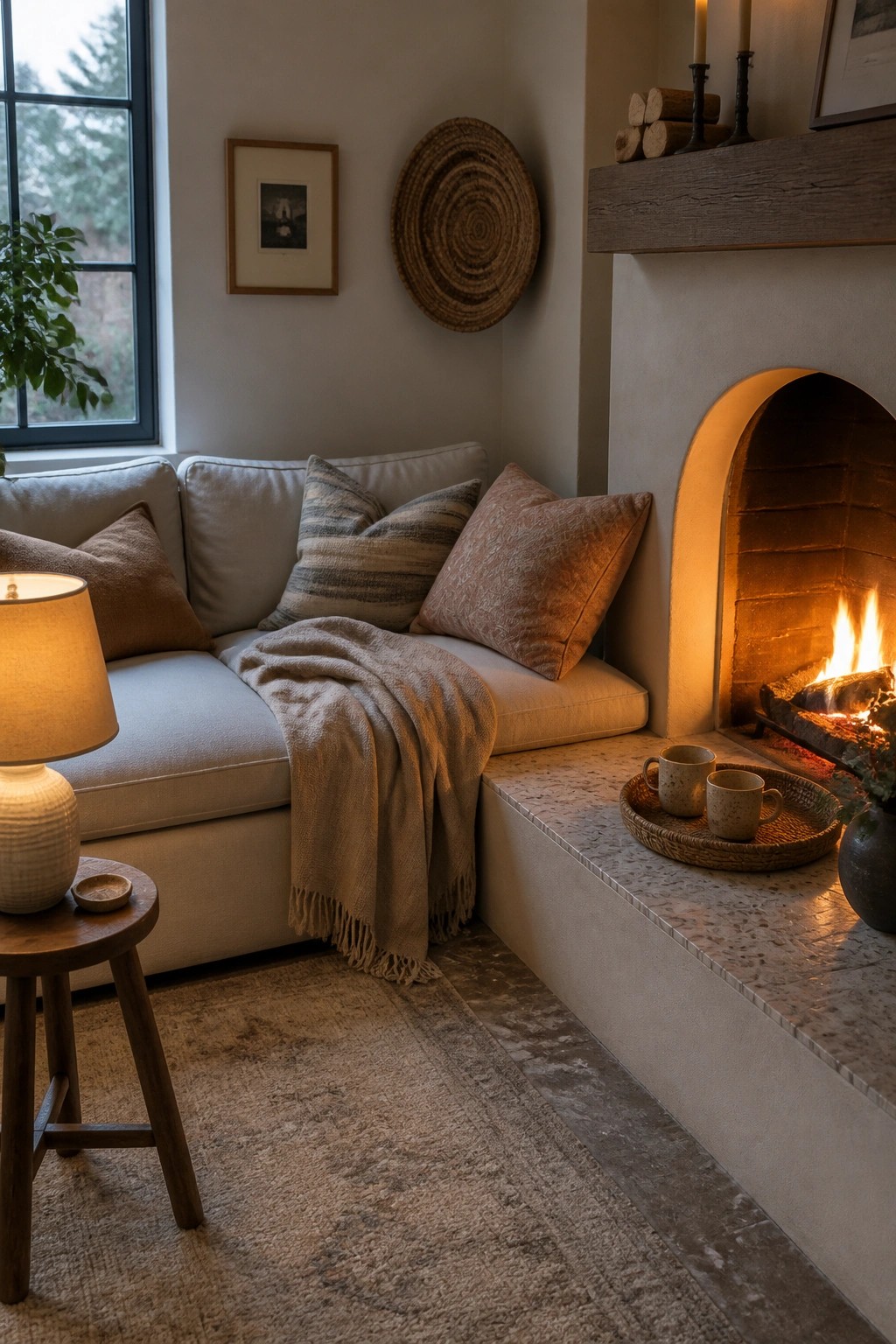 A light sectional sofa is placed in a corner next to a lit arched fireplace with two mugs on the hearth.
