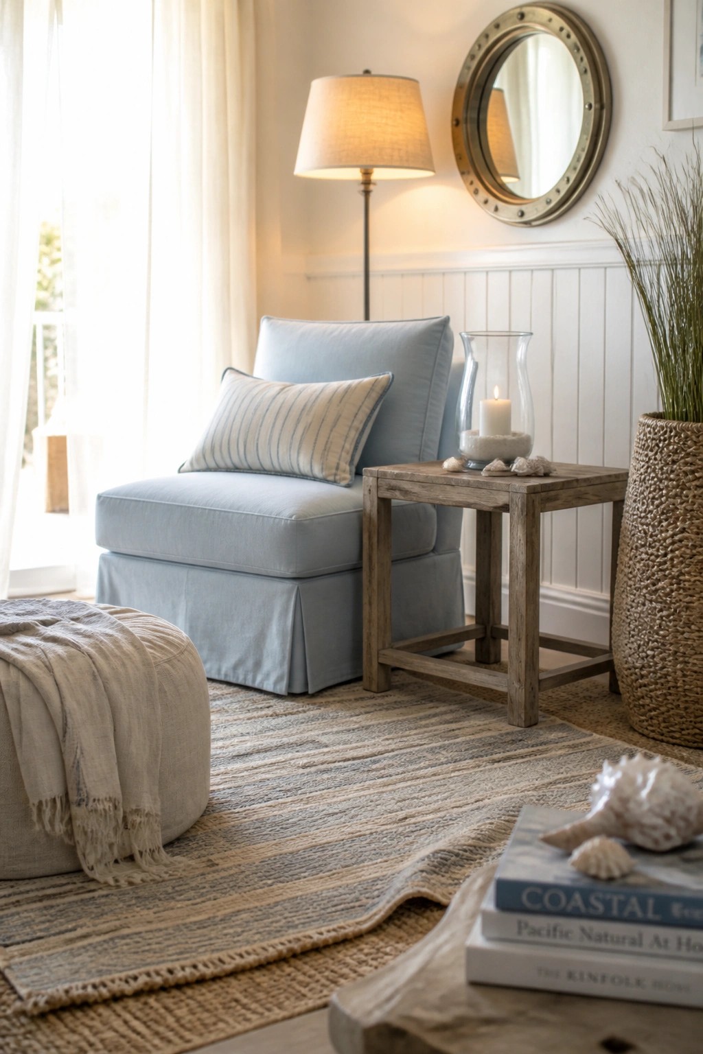 A light blue slipcovered armchair with a striped pillow is placed in a corner beside a wooden side table holding a lit candle, with an ottoman and layered rugs in front.