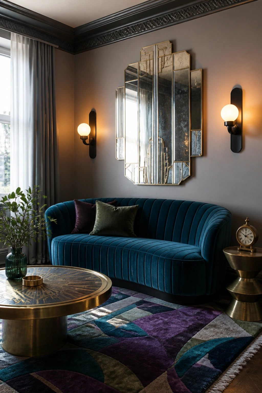 A curved teal velvet sofa is placed in a corner beneath a decorative mirror, with wall sconces on each side and a round coffee table in front.