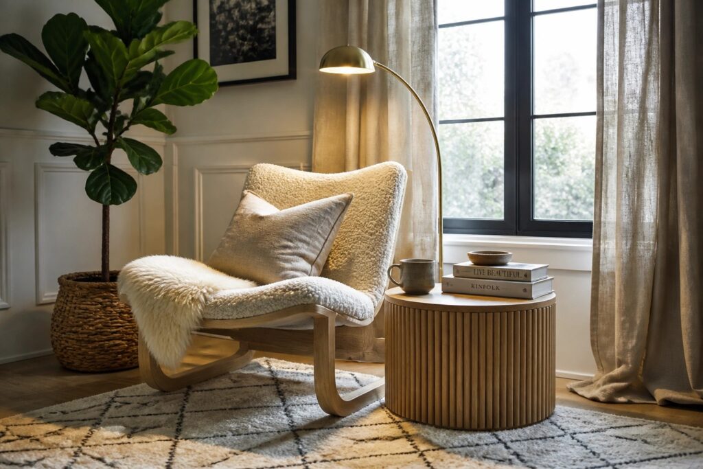 18 Chic Corner Seating Ideas for Polished Living Rooms A beige boucle armchair with a light fur throw sits in a corner beside a window, with a curved floor lamp and round wooden side table nearby.