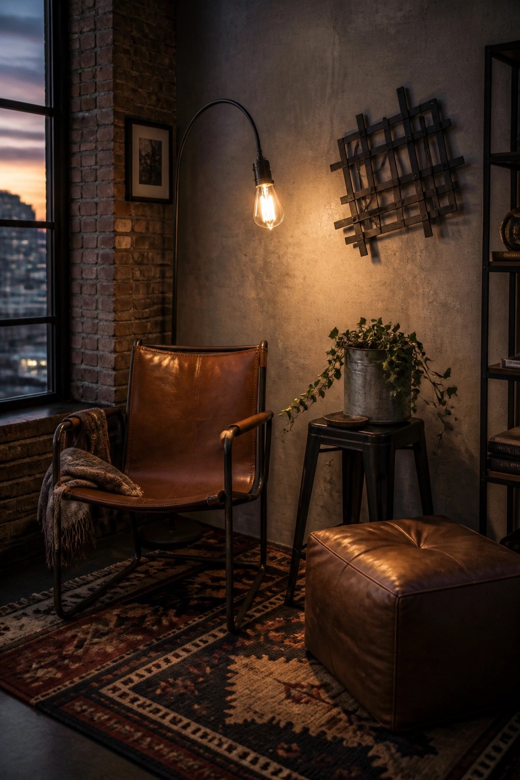 A brown leather armchair and matching ottoman on a patterned rug in a corner next to a brick wall with an arched floor lamp.