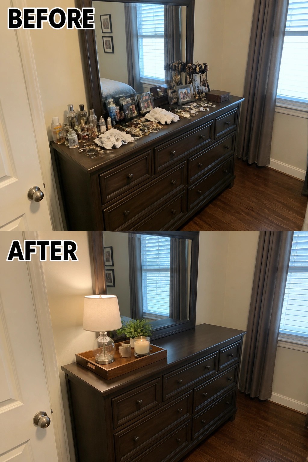 Before cluttered dresser with bottles and jewelry; after neat with lamp, tray, and candles.