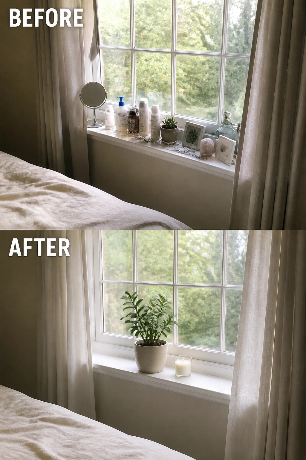 Before cluttered and after minimalist bedroom windowsill with plant and candle.