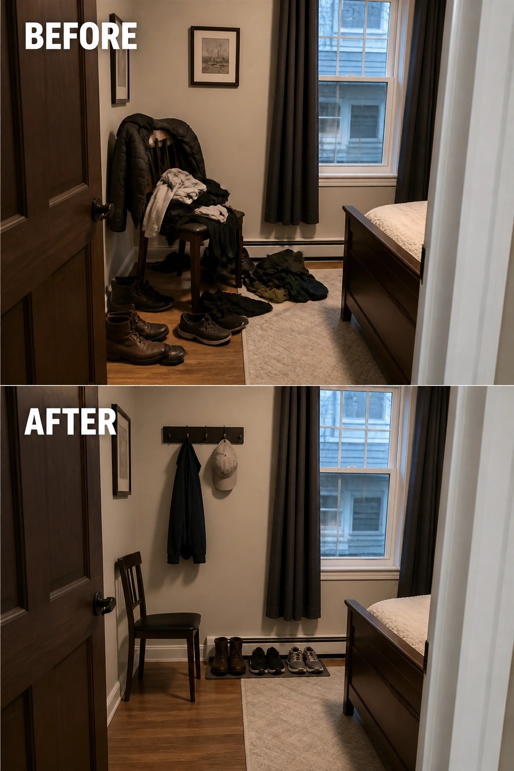 Before-and-after bedroom corner: messy clothes pile versus tidy coat rack and shoe mat.