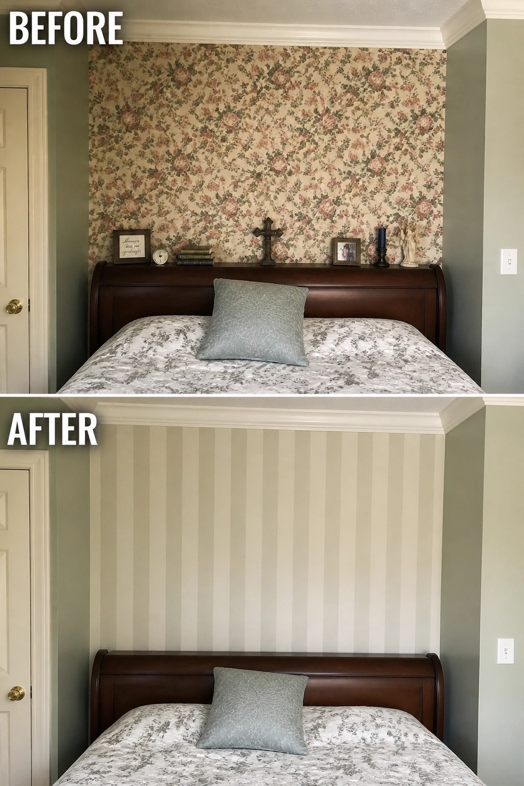 Before and after bedroom wall with floral wallpaper replaced by beige stripes behind bed