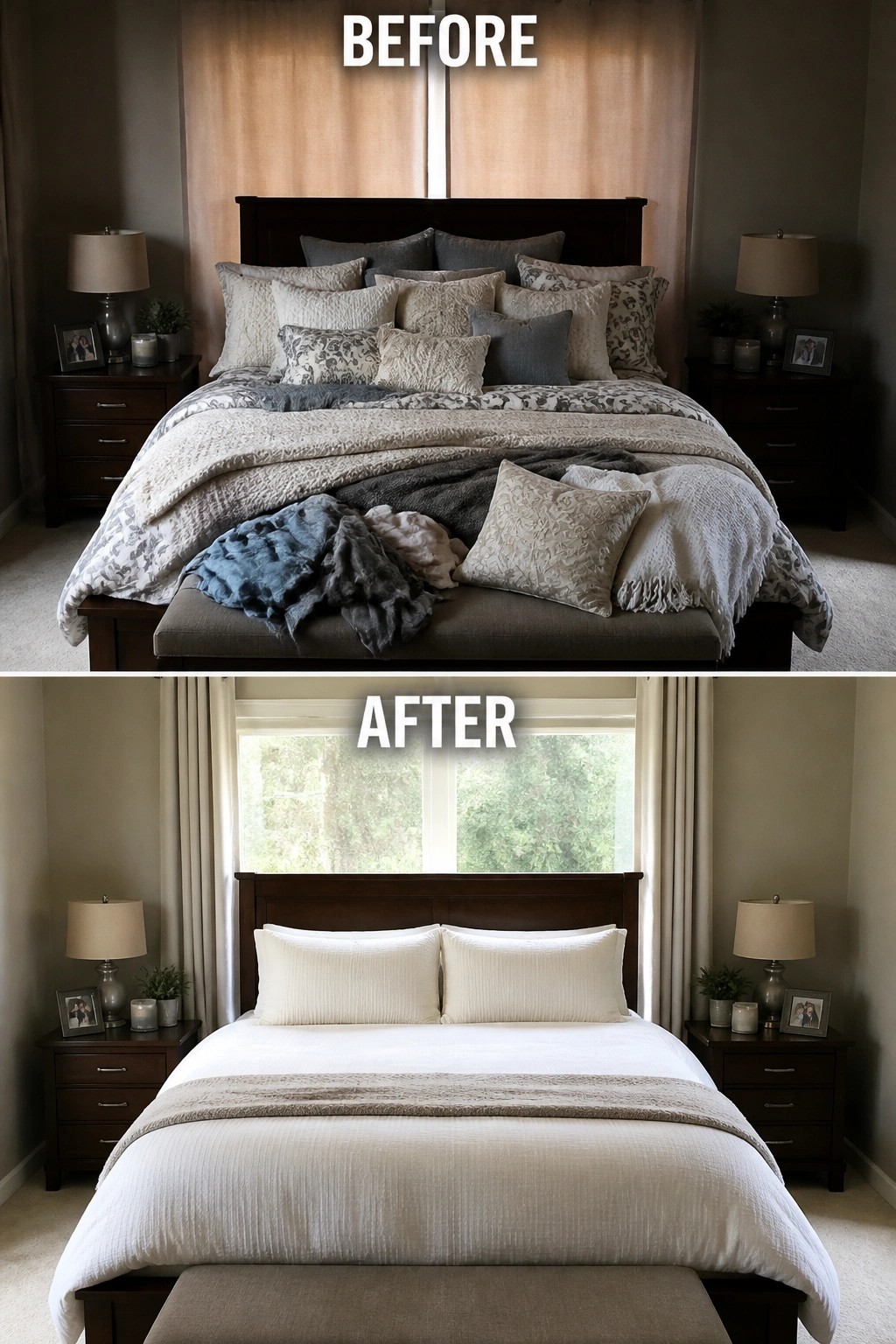 Before-and-after image of a cluttered bedroom bed simplified with fewer pillows and clean white bedding.