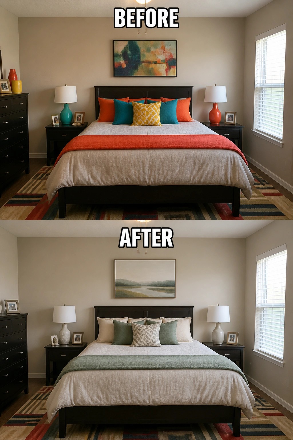 Before and after bedroom with vibrant orange-teal versus calm green-beige decor