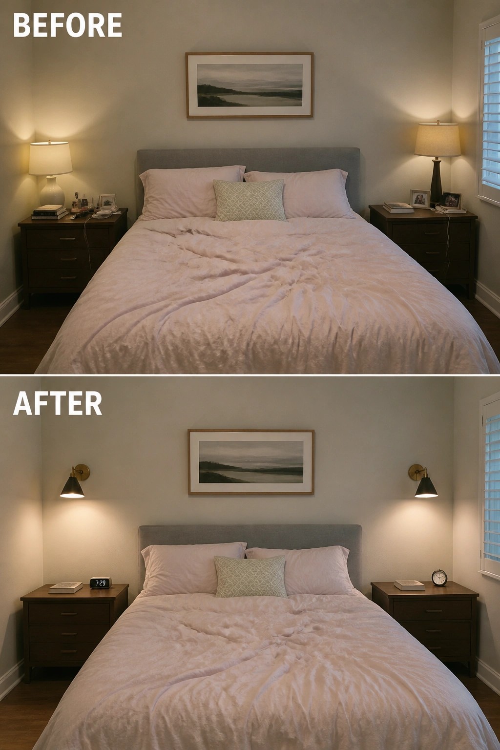 Before and after bedroom with table lamps swapped for wall sconces.