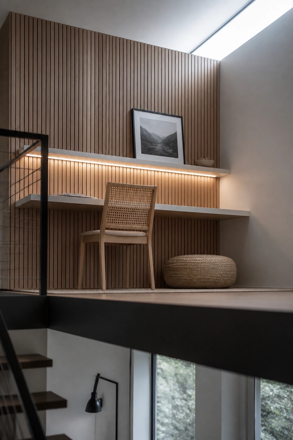 Modern wooden desk nook with cane-back chair, lit shelves, and woven pouf