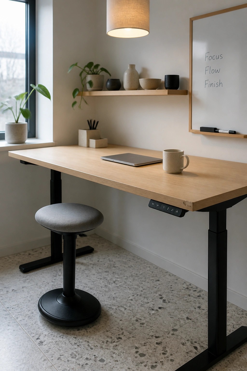 A light wood adjustable desk with black legs and control panel, a gray round stool in front, a laptop and speckled mug on the desk, and a wooden shelf with plants and ceramics above it next to a whiteboard.