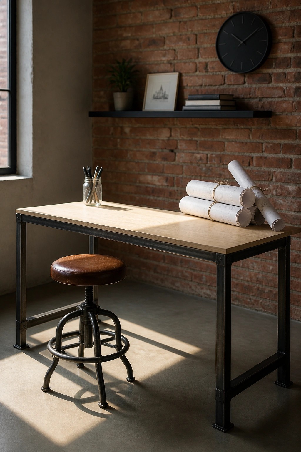 A light wood desk with black metal legs sits in front of a red brick wall, with a brown leather stool underneath and several rolled papers on the right side of the desk.