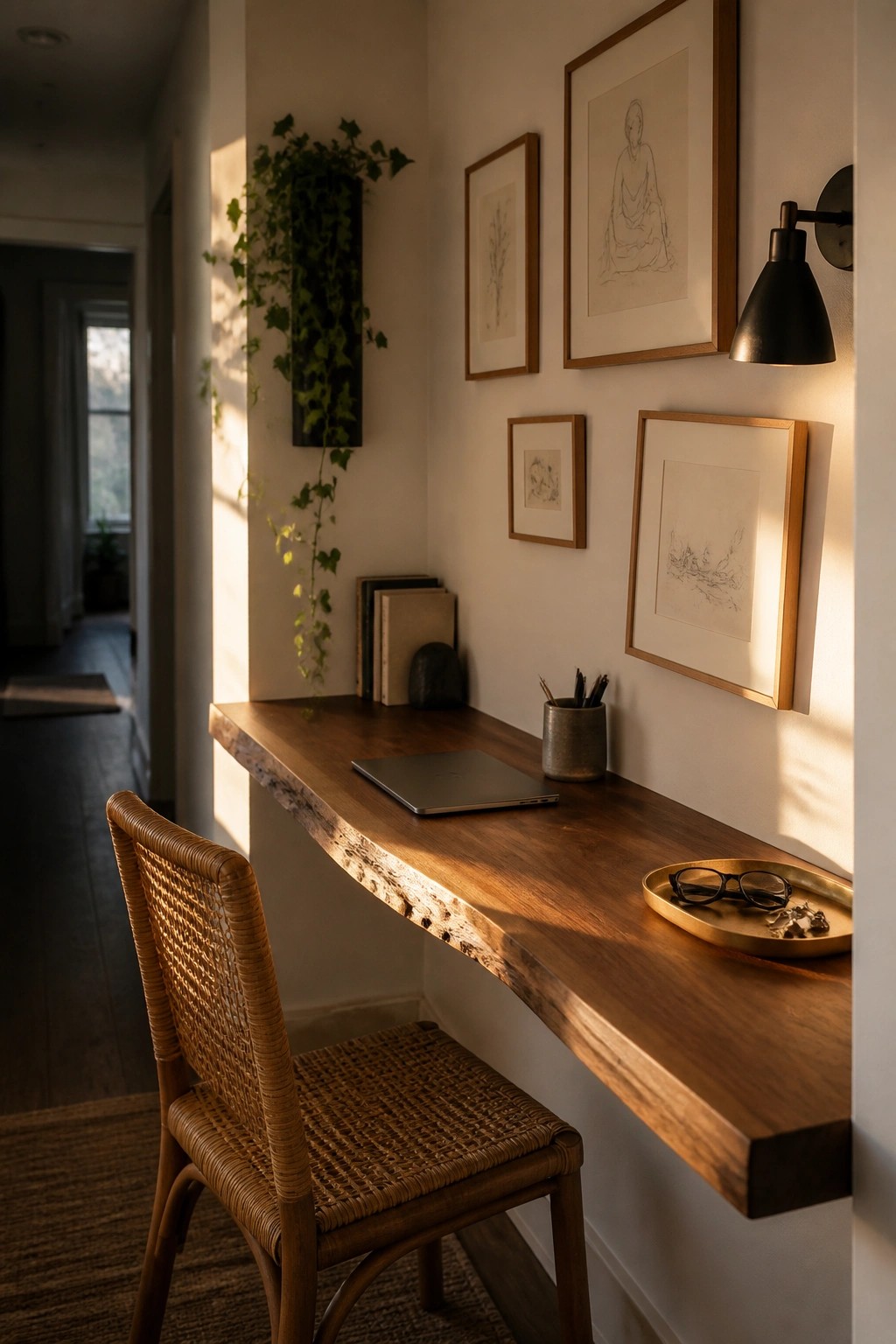 A small minimalist home office features a floating live-edge wooden desk beneath framed sketches, with a woven chair and wall-mounted light.
