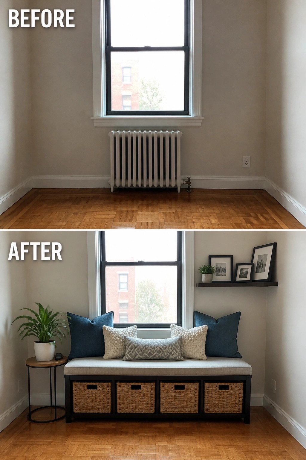 Before-and-after of empty window corner transformed into cushioned bench with storage and shelf.