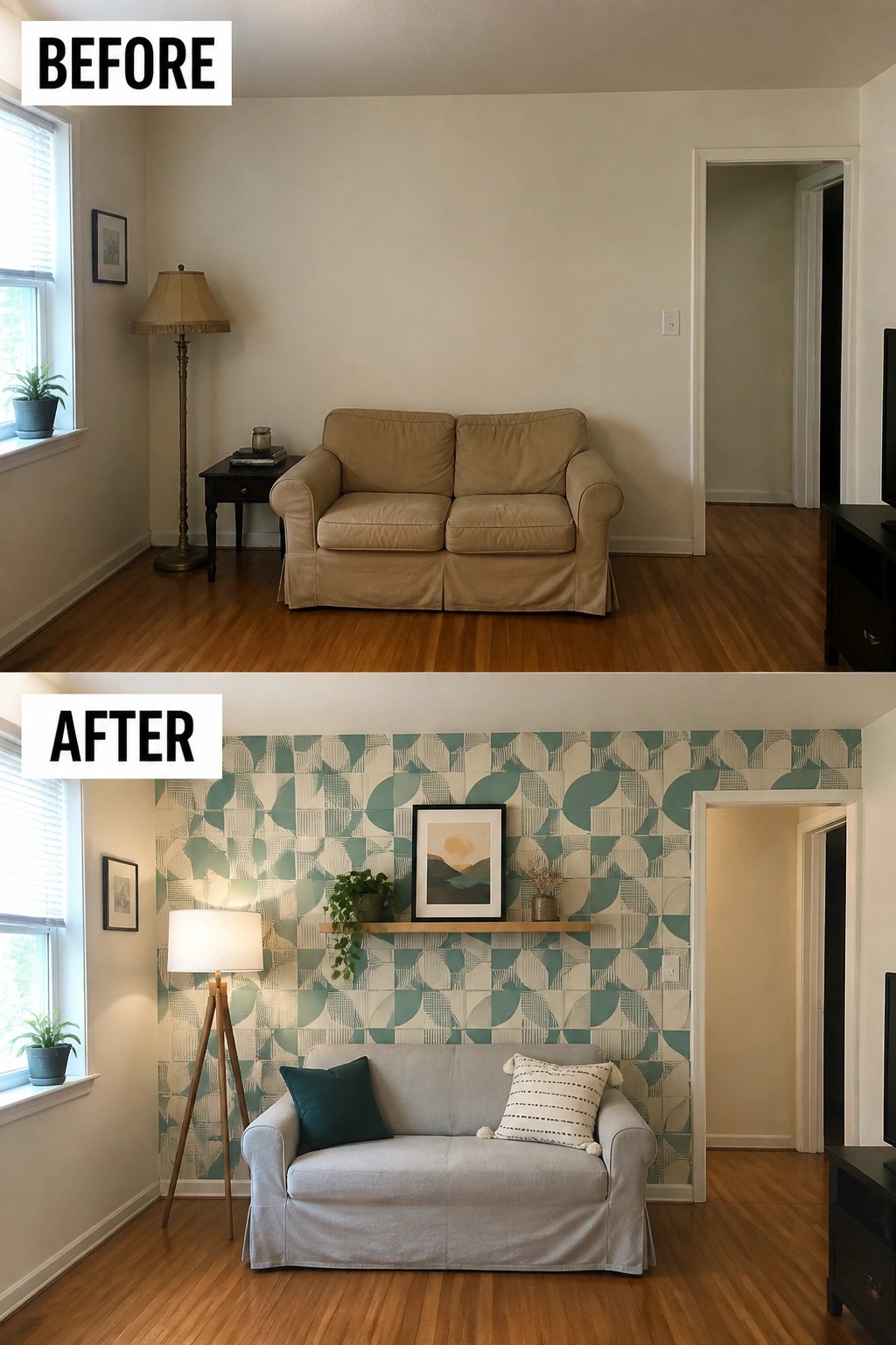Before-and-after image of a living room with a plain wall updated by adding patterned removable wallpaper behind the sofa.