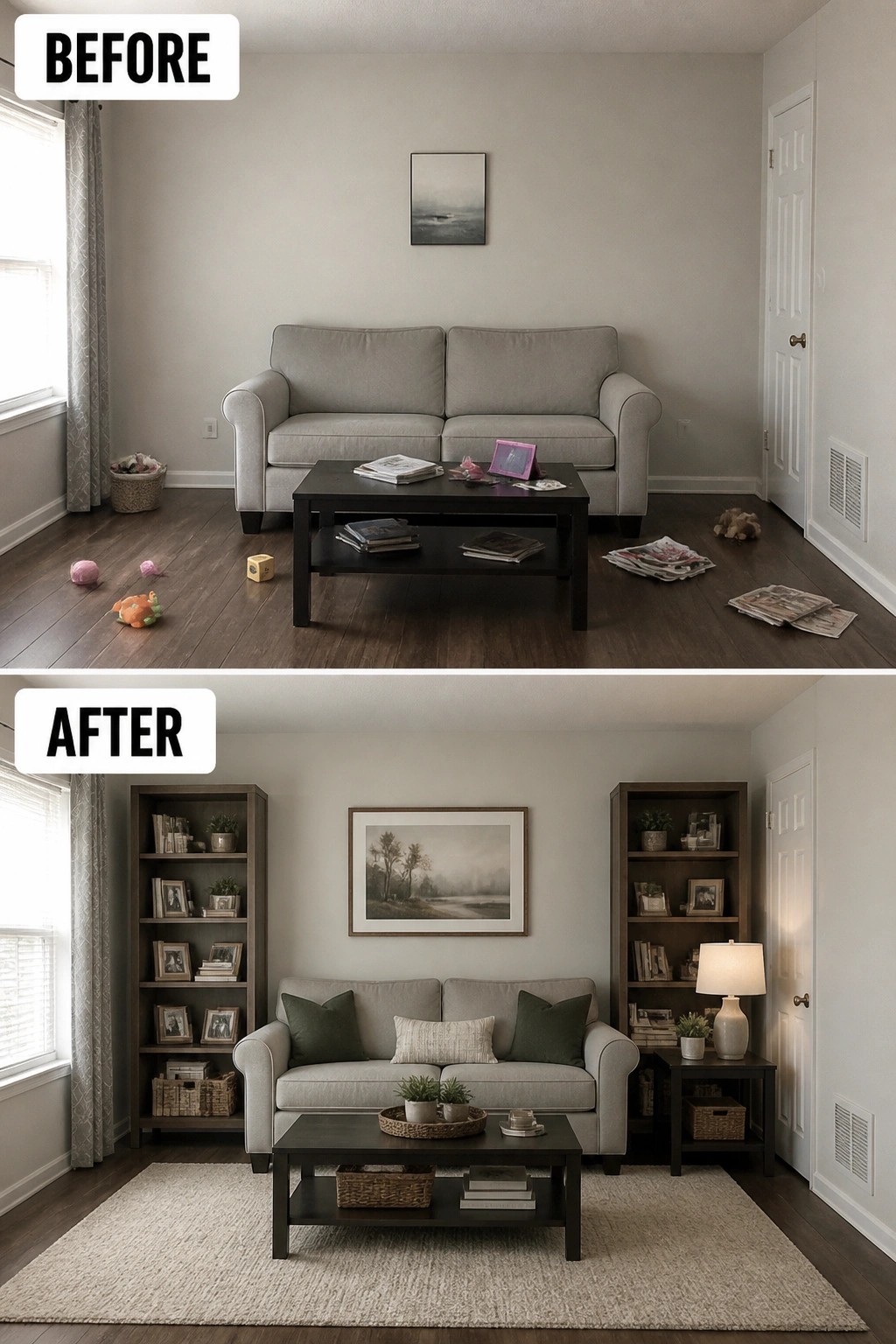 Before-and-after image of a living room with added matching bookcases on both sides of the sofa, a large area rug, and styled accessories.