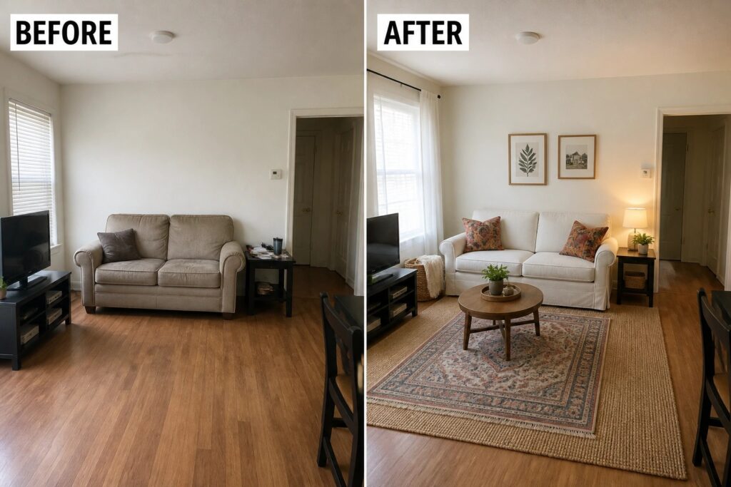 18 Rental-Friendly Living Room Refresh Ideas Without Permanent Changes Before and after living room with tan sofa transformed to white with rug and decor.