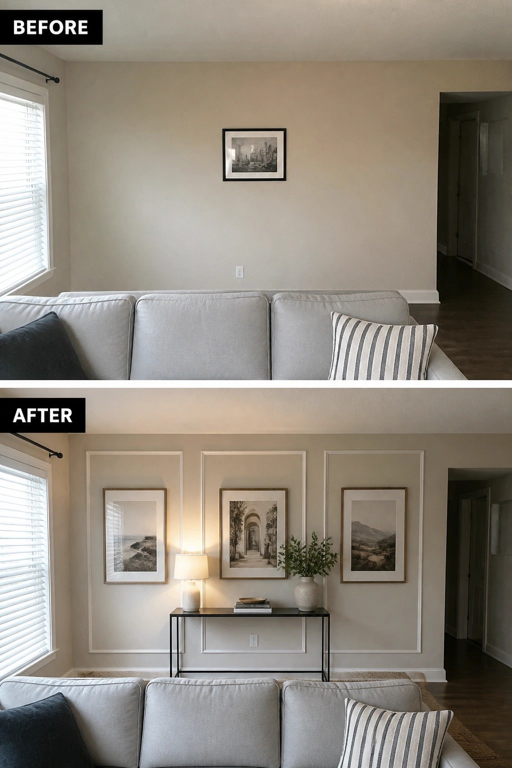 Living room wall before and after with added paneling, three framed prints, and console table.