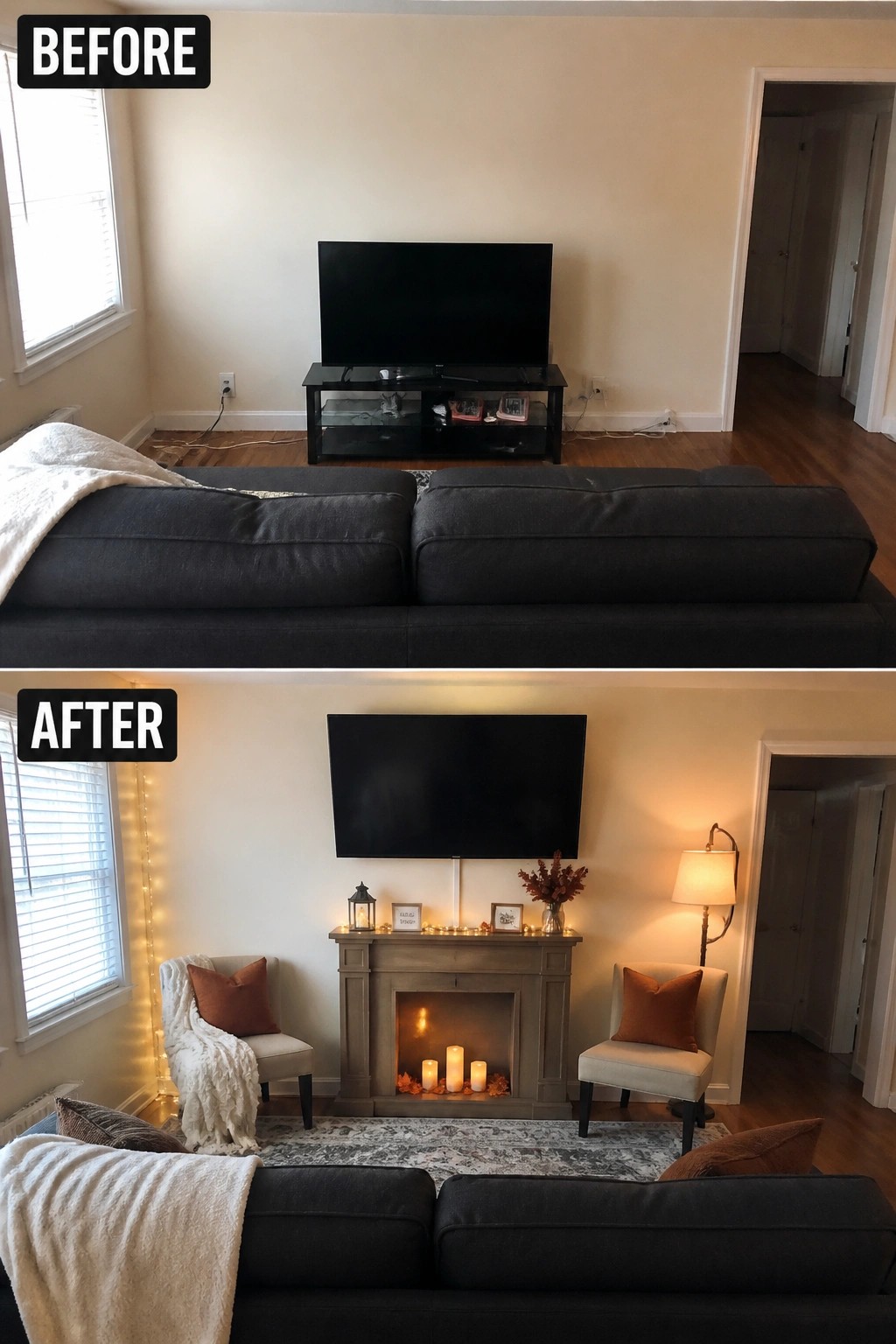 Before-and-after living room with sofa, mounted TV, and fireplace mantel