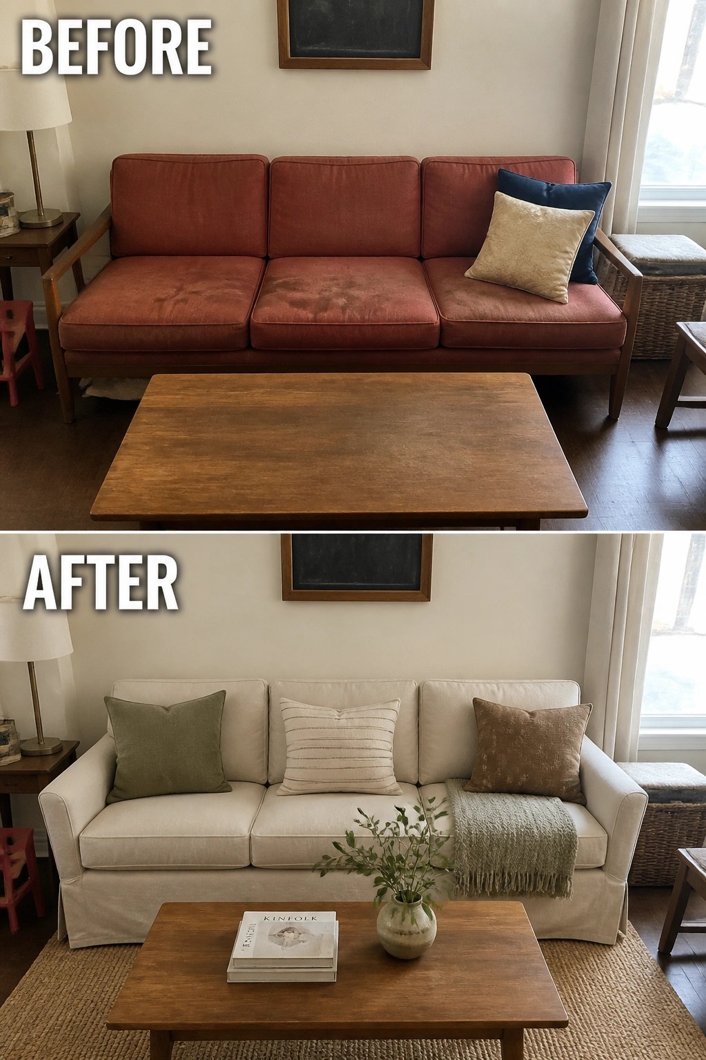 Before red sofa and after beige sofa in living room with wooden coffee table