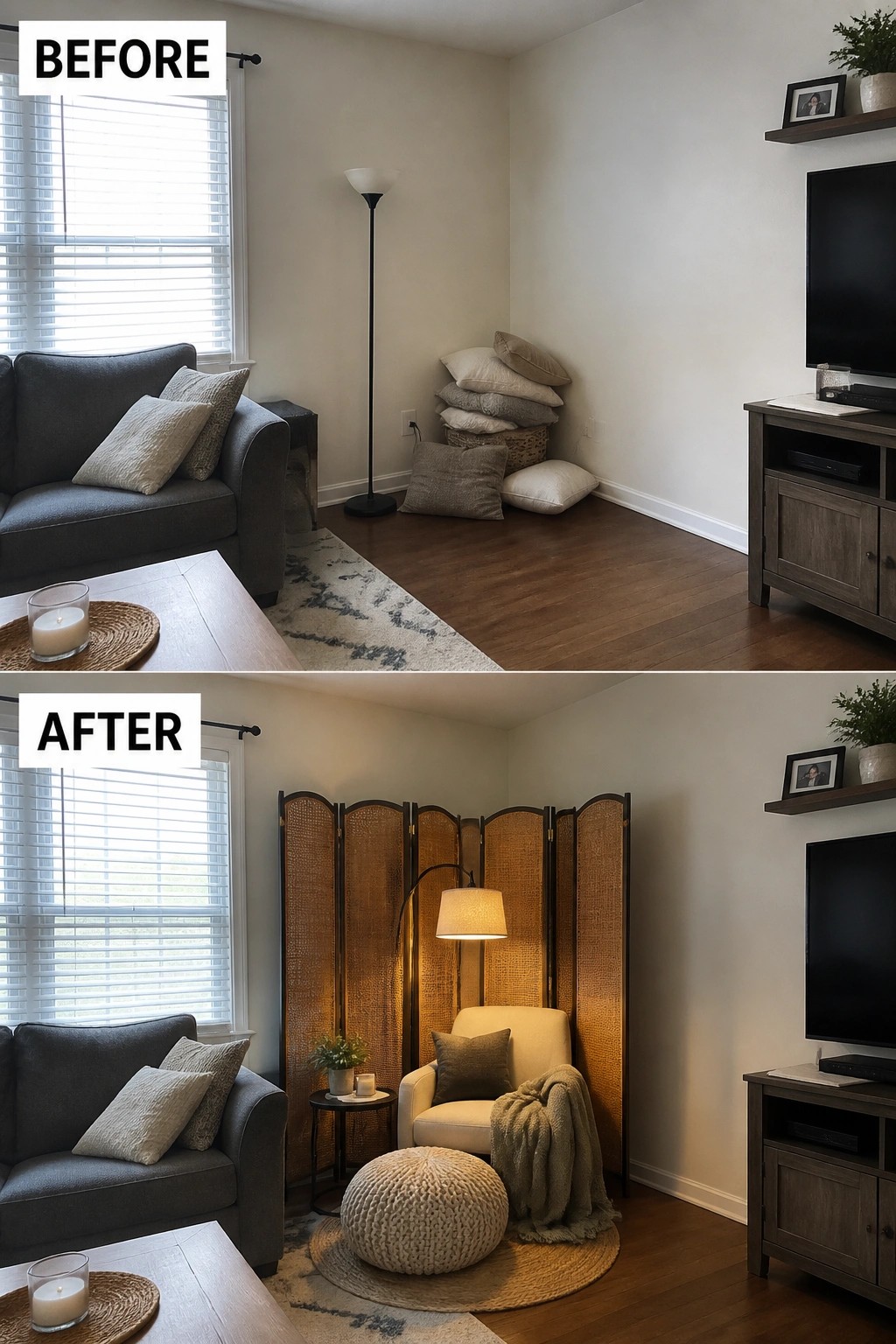 Before-after living room corner with messy pillows transformed into cozy nook with divider and armchair