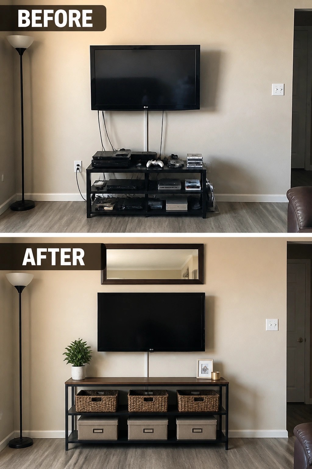 Before and after TV wall setup with cluttered console transformed into organized storage.