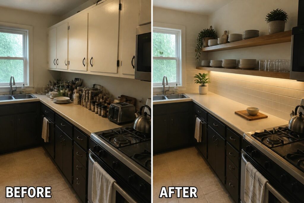18 Small Kitchen Remodel Ideas Designed for Limited Counter Space Kitchen before-and-after: cluttered counters replaced by lit floating shelves and plants.