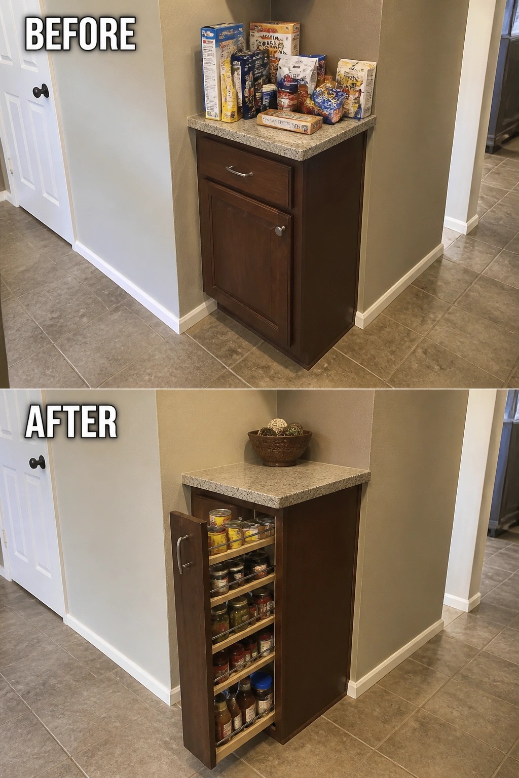 Before and after of dark wood corner cabinet with pull-out pantry shelves