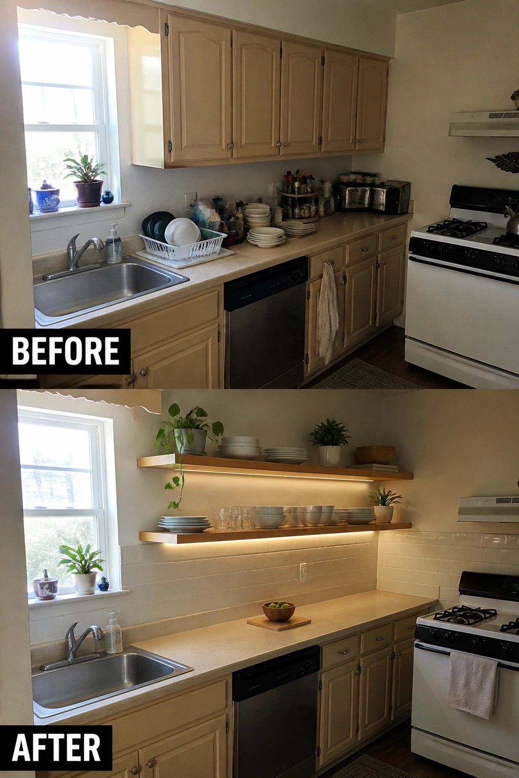 Kitchen before-and-after: cluttered counters replaced by lit floating shelves and plants.