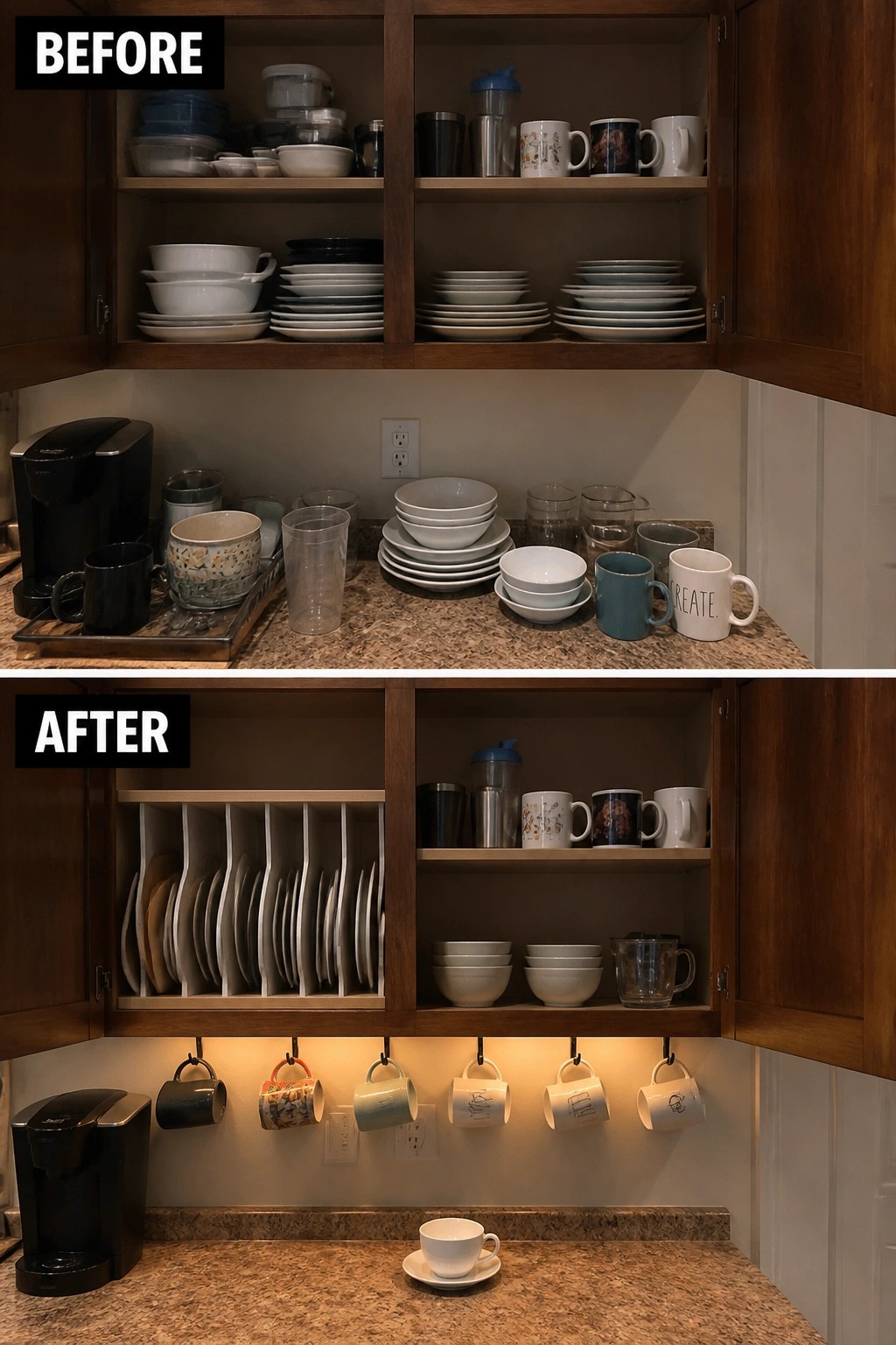Before and after of organized kitchen cabinet with plate rack and hanging mugs