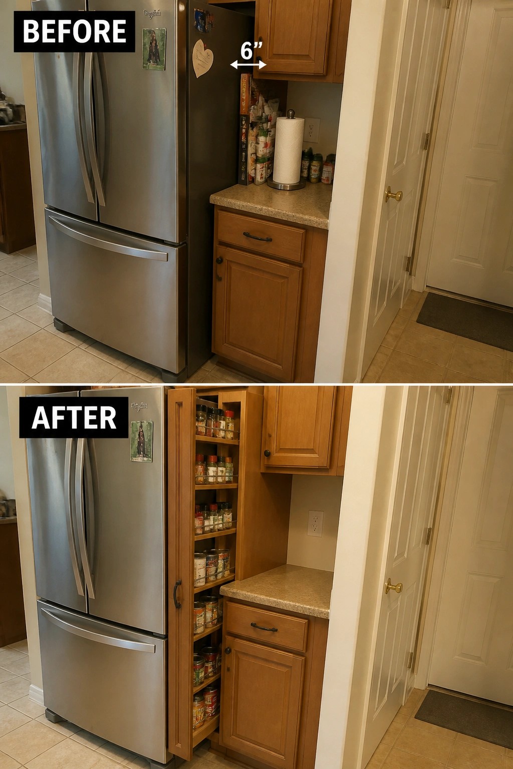 Before and after kitchen with new pull-out spice cabinet beside stainless fridge.