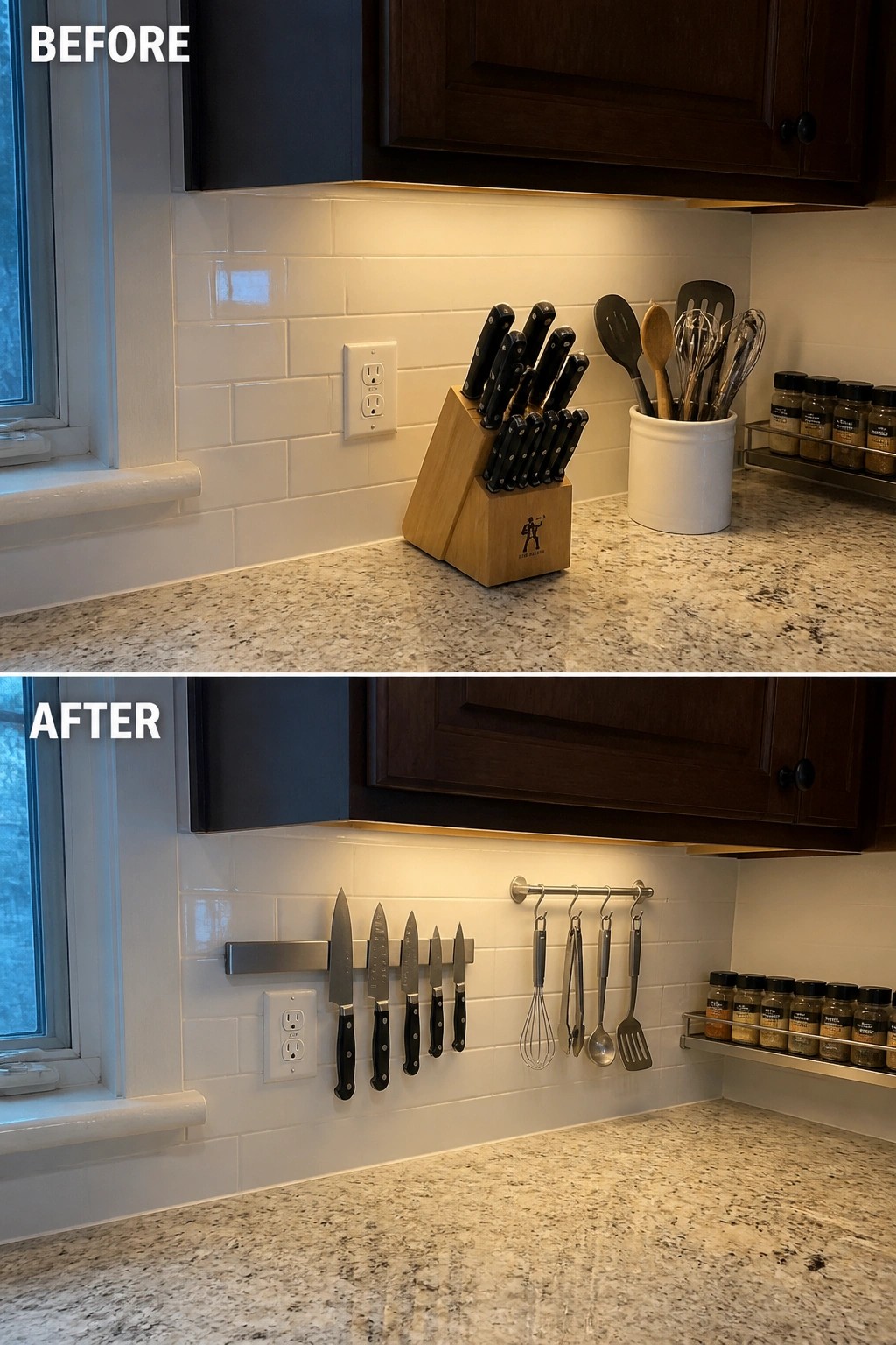 Before and after kitchen counter with magnetic knife strip and hanging utensils.