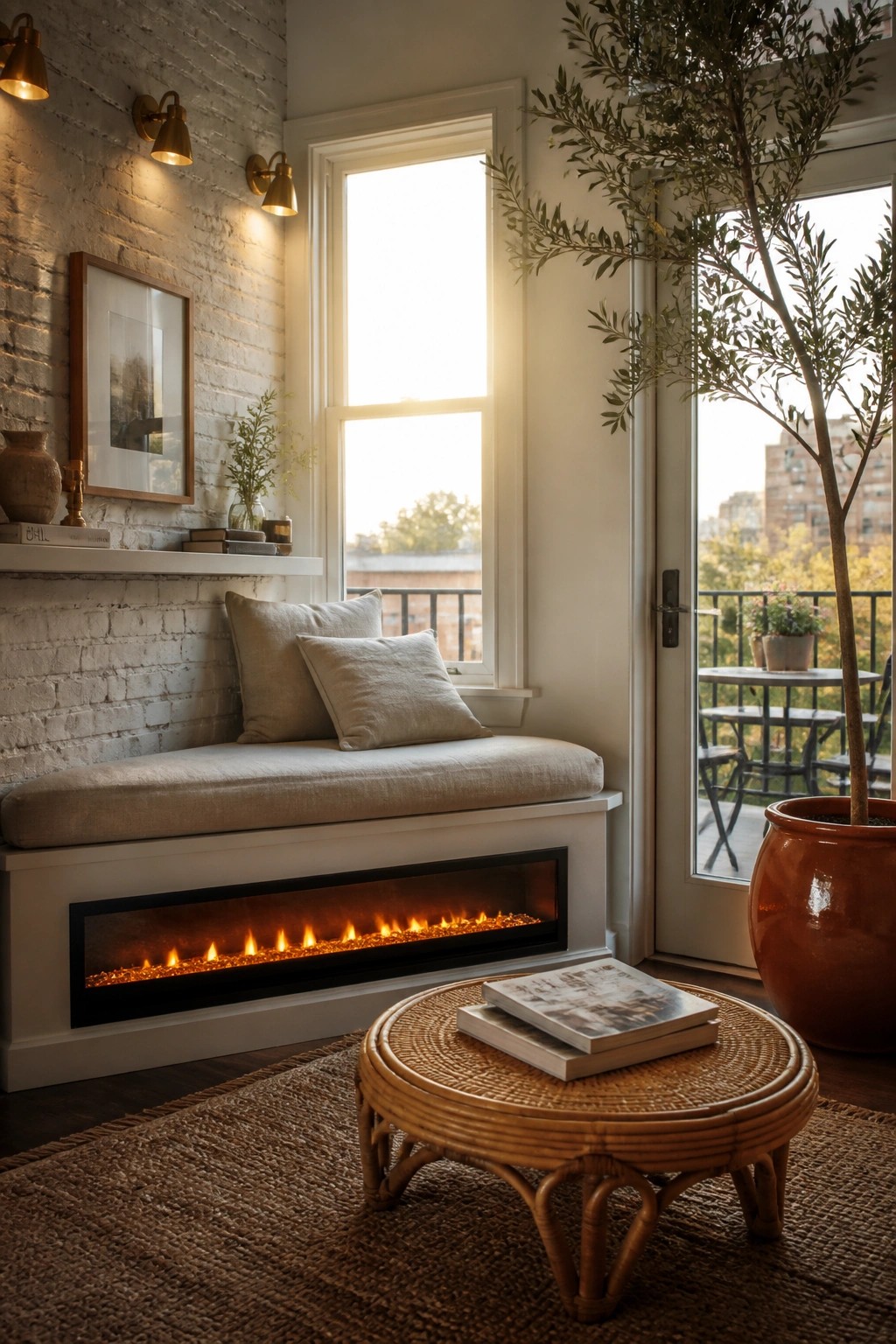Cozy nook with cushioned bench over glowing fireplace, wicker table, and potted tree.