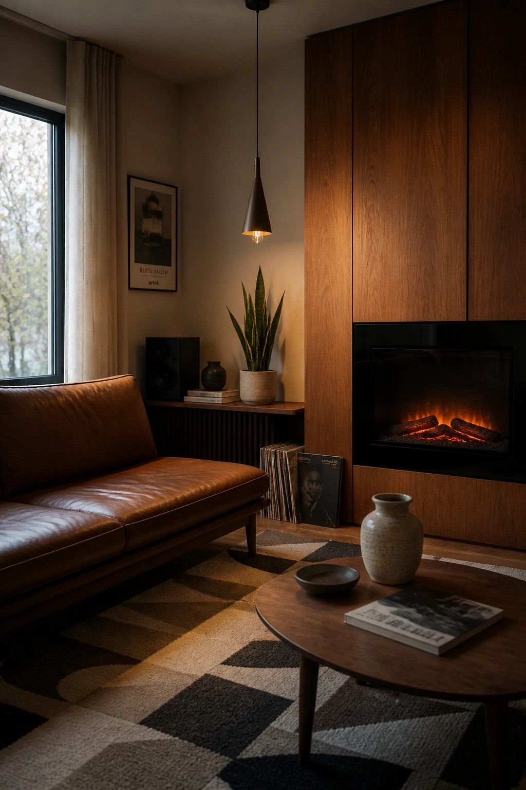 A living room with a brown leather sofa on a geometric rug, a round wooden coffee table, and an electric fireplace set into tall wood cabinetry.